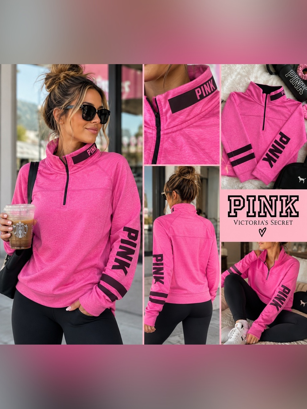 PINK Victoria’s Secret L Pink Quarter Zip Pullover Athletic Sweatshirt